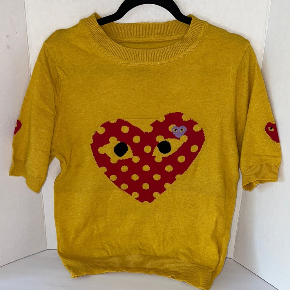 Comme des Garcons Yellow Short Sleeve Crewneck Sweater with Red Heart Motif